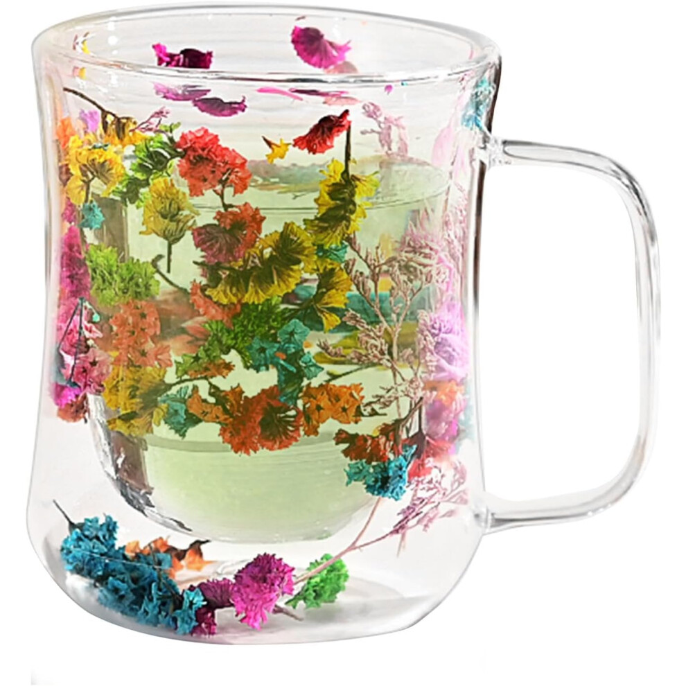 (400ml, Crystal Flower) Double Walled Glass Mug - Flower Double Wall Glass Tea Cups - 400ml Flower Glass Tea Cups, Dried Flowers Glass Coffee Mugs, Clear Heat Resistant