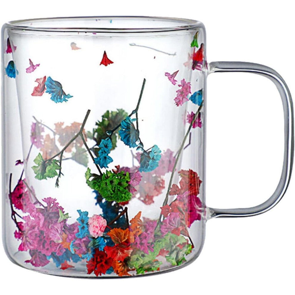 (Crystal Flower) Double Wall Glass Coffee Mugs Clear Cups, 250ml Dried Flowers Heat-Resistant Glasses Cup, Aesthetic Glassware, Flower Glass Mug for Beverage, Tea,