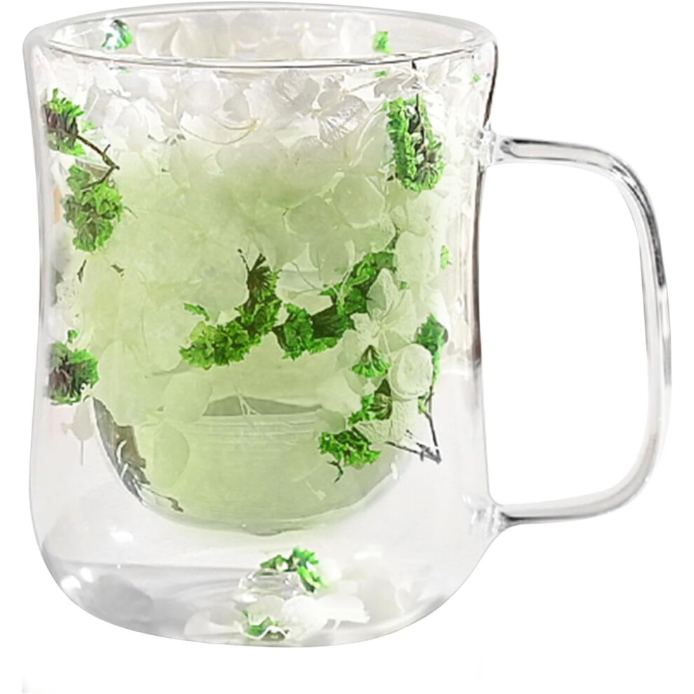 (400ml, White and Green) Double Walled Glass Mug - Flower Double Wall Glass Tea Cups - 400ml Flower Glass Tea Cups, Dried Flowers Glass Coffee Mugs, Clear Heat Resistant