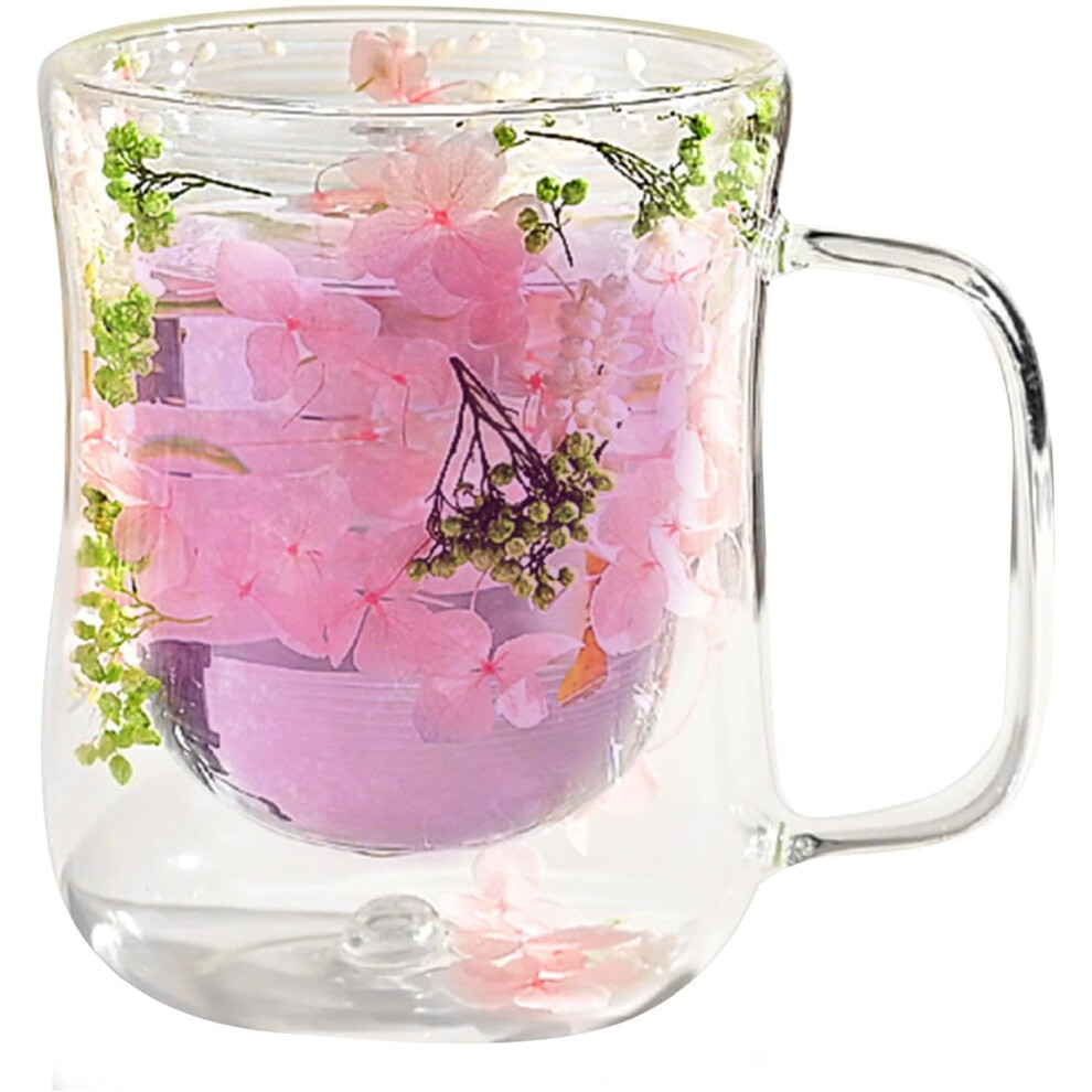 (400ml, Pink Green) Double Walled Glass Mug - Flower Double Wall Glass Tea Cups - 400ml Flower Glass Tea Cups, Dried Flowers Glass Coffee Mugs, Clear Heat Resistant