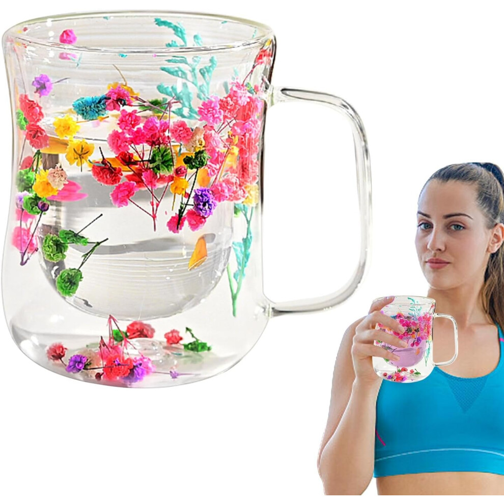 (400ml, Gypsophila) Double Walled Glass Mug - Flower Double Wall Glass Tea Cups - 400ml Flower Glass Tea Cups, Dried Flowers Glass Coffee Mugs, Clear Heat Resistant
