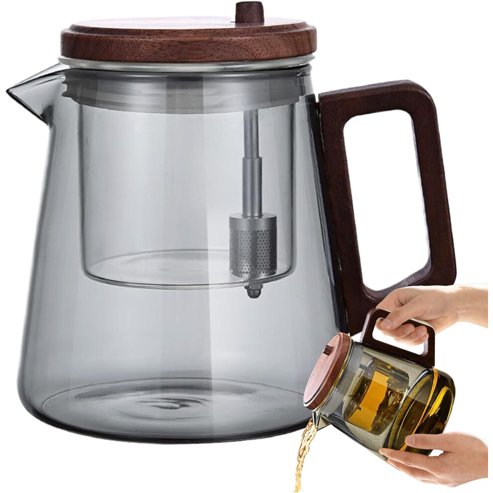 (Gray) Clear Glass Teapot | Water Separation Clear Teapot with Wood Handle,Ergonomic Comfort Heat Resistant Tea Maker Kettle for Home Living Room Workplace