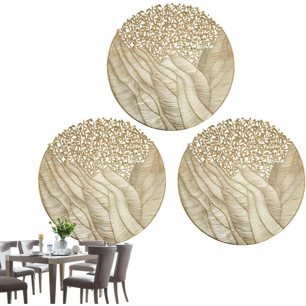 (Gold) Dining Placemat - 3X Washable Flower Round Coasters Mats 15.7 X 15.7 Inch | Kitchen Dining Decoration Home Decorative Tablemats For Workplace Gold
