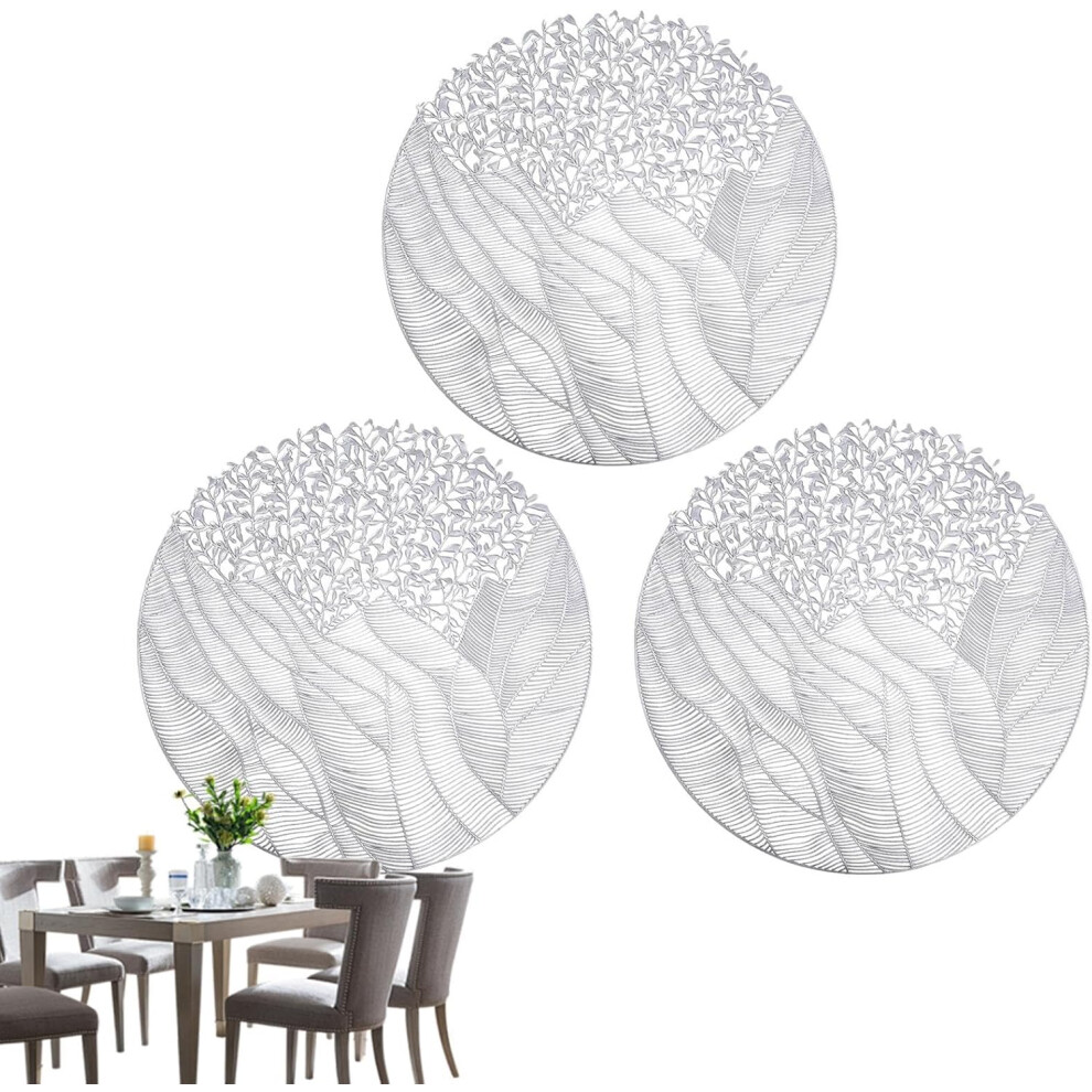 (Silver) Dining Placemat - 3X Washable Flower Round Coasters Mats 15.7 X 15.7 Inch | Kitchen Dining Decoration Home Decorative Tablemats For Workplace Silver