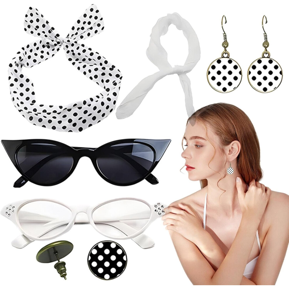 (One Size, White) 50s Costumes for Women - Drop Earrings Headbands 1950s Outfi Set,Costume Accessories with Red Bow Headband, Vintage Polka Dot Hair Bands, Glasses