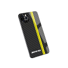iPhone 13 Glas-Hülle mit AMG/Auto-Logo – Gelber Rand, TPU+PC, Streifen & Plaid Design