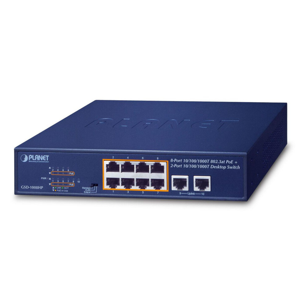 PLANET GSD-1008HP network switch Unmanaged Gigabit Ethernet (10/100/1000) Power over Ethernet (PoE) 1U Blue
