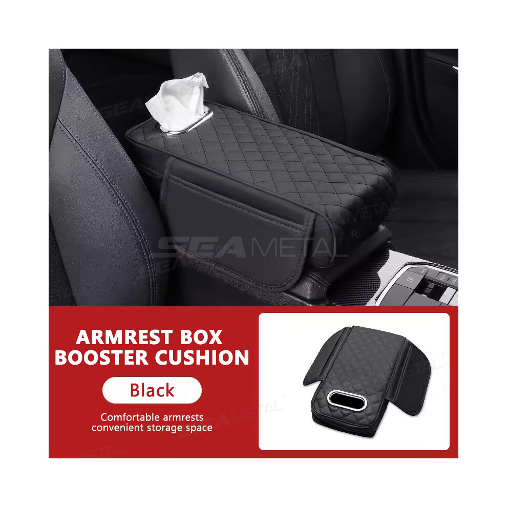 Housse d'accoudoir de voiture (noire) en cuir PU avec rangement pour mouchoirs, coussin de hauteur en