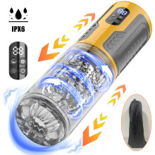 (HC-FJB02-Geel-Tas) IPX6 Automatische Mannelijke Masturbator 7 Stuwende Roterende Likstanden LED-scherm