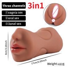 (petit marron) Masturbateur masculin 3 en 1, vagin, anus, double tête, vrai sexe, gorge profonde