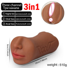 (Big Brown) Masturbateur 3 en 1 pour homme, double tête, vaginal, anus, gorge profonde, fellation