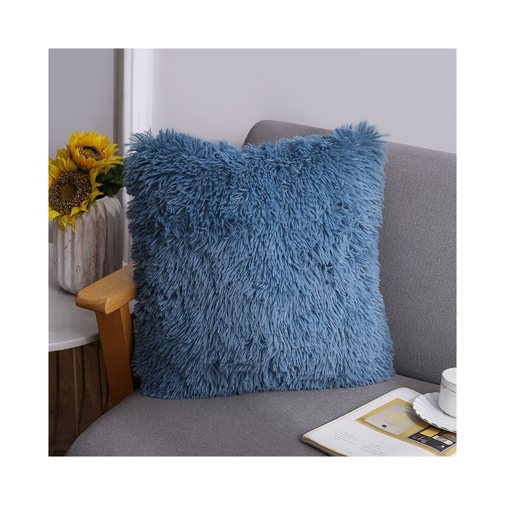 (Blue) Cushion Fluffy Square Plush Pillow Covers Shaggy Scatter Pillowcase Sofa Decor