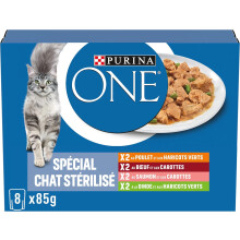 PURINA ONE Chat StÃrilisÃ EffilÃs en Sauce Saveurs Assortis Poulet Boeuf Saumon et Dinde Sachets Repas pour Chats Adultes 8 x 85 g | Lot de 10