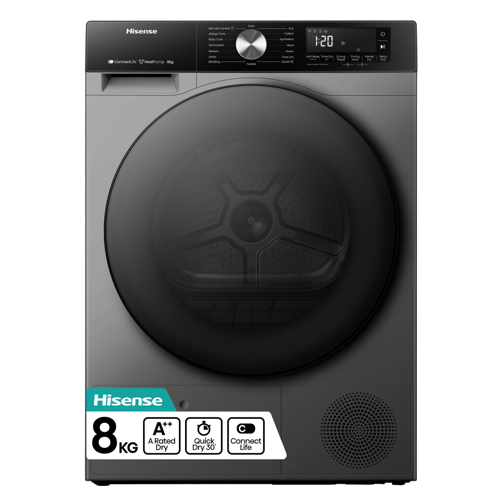 Hisense 3S Series Dh3s802bt2 Wifi Connected 8Kg Heat Pump Tumble Dryer - Titanium - A++ Rated