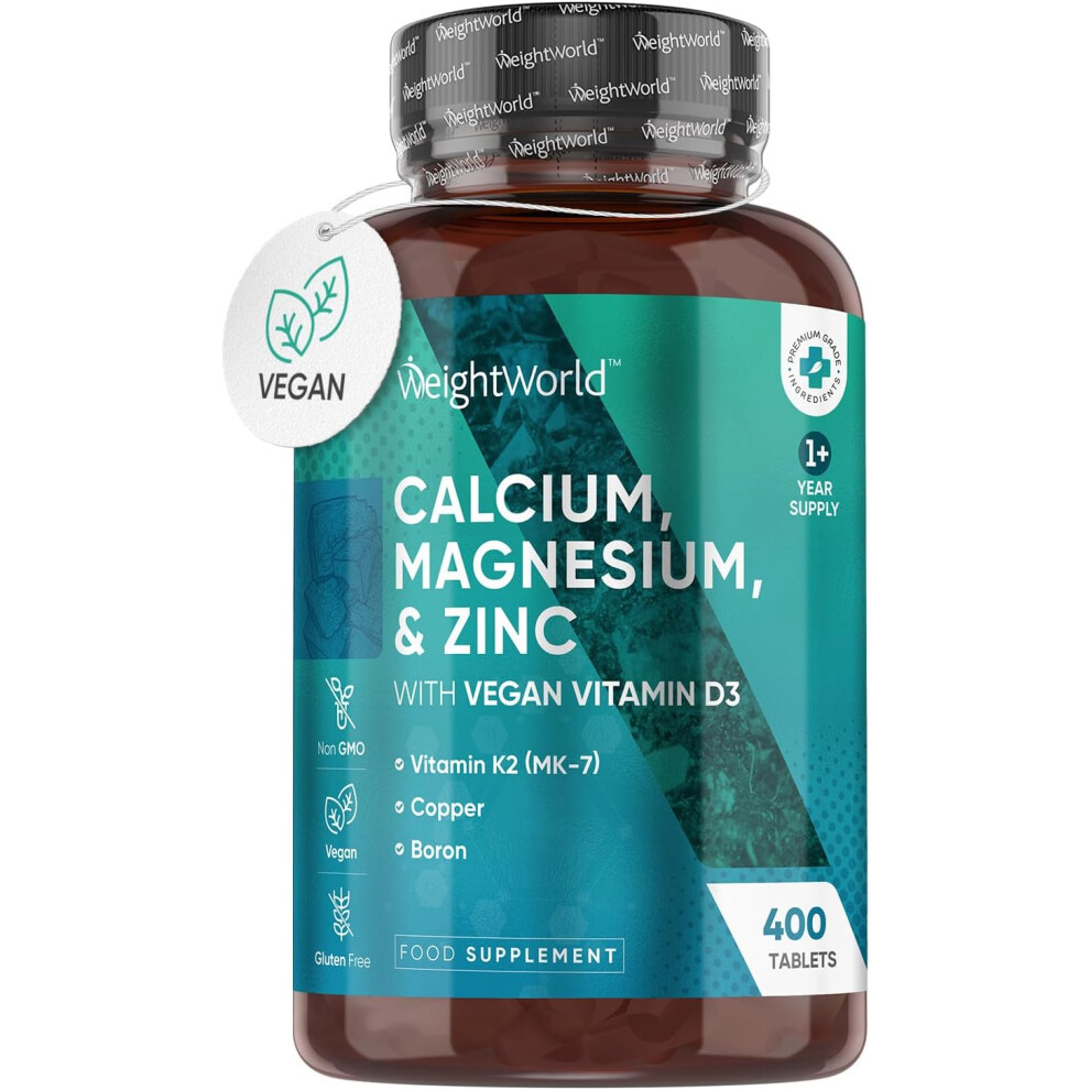 Weightworld Vegan Calcium Magnesium Zinc With Vitamin D3 & K2, Selenium - 400 Tablets (1+ Year Supply) High-Strength Bone & Immune Support