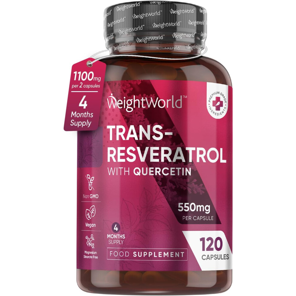 Weightworld Trans-Resveratrol With Quercetin 1100Mg, 120 High-Strength Vegan Capsules, 98% Purity