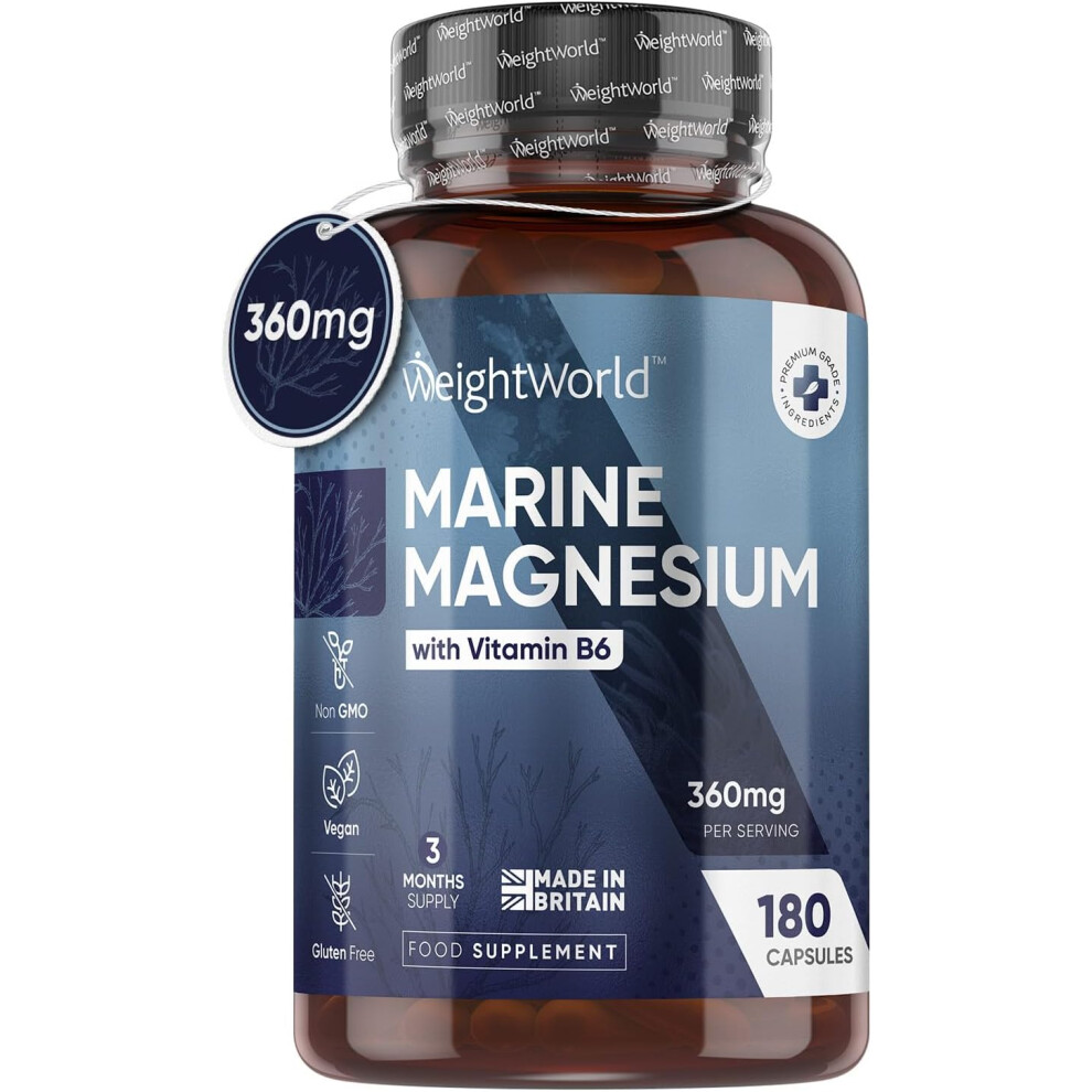 Weightworld High Strength Magnesium Supplements - 180 Vegan Marine Magnesium Capsules With Vitamin B6