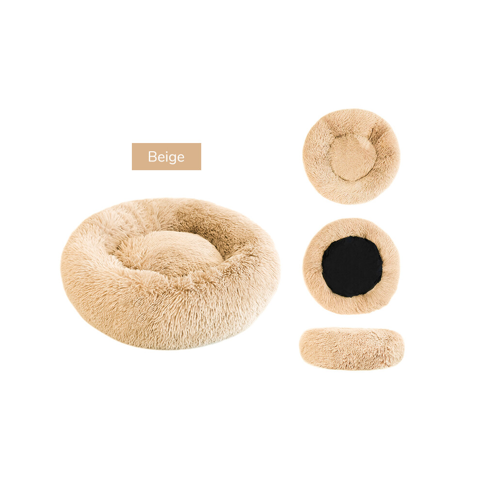 (Beige-70cm 15kg sommeil) Lit pour chien super doux en peluche longue beignet rond chenil pour chien
