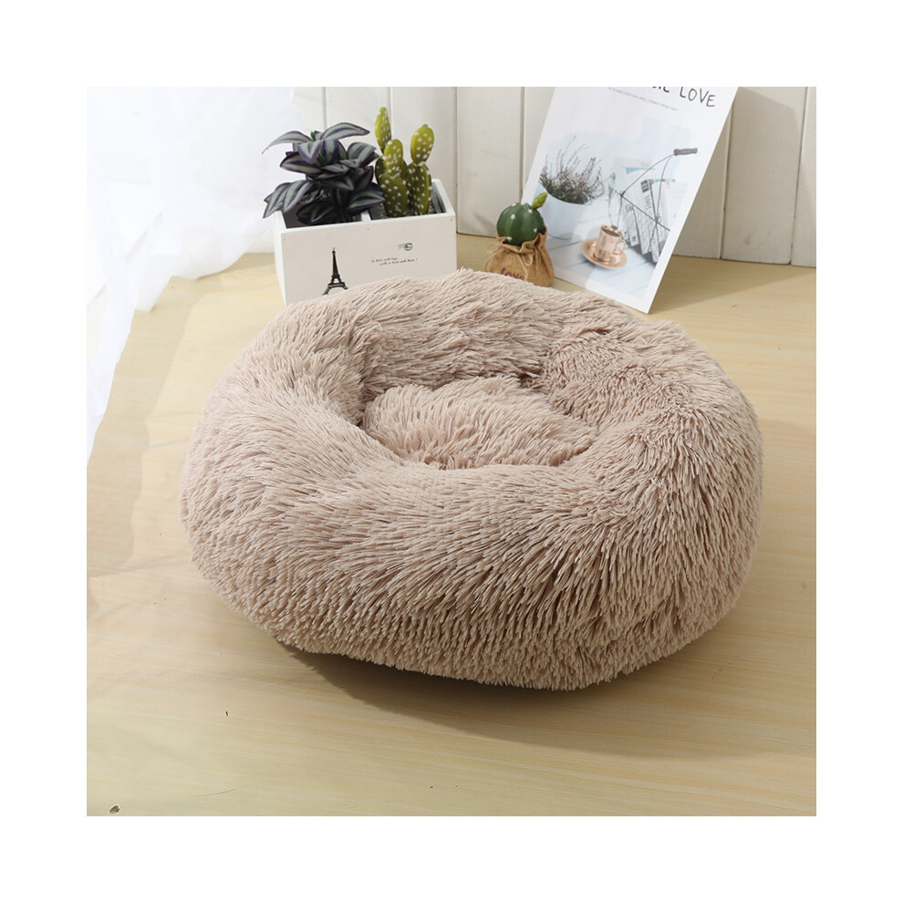 (Kaki-M DIA 50CM) Panier rond pour chat, doux et long, en peluche, idéal pour les animaux de compagnie