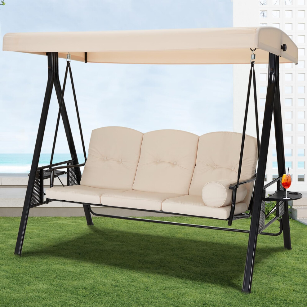 (Beige) YODOLLA 3 Seater Outdoor Swing Chairs with Canopy