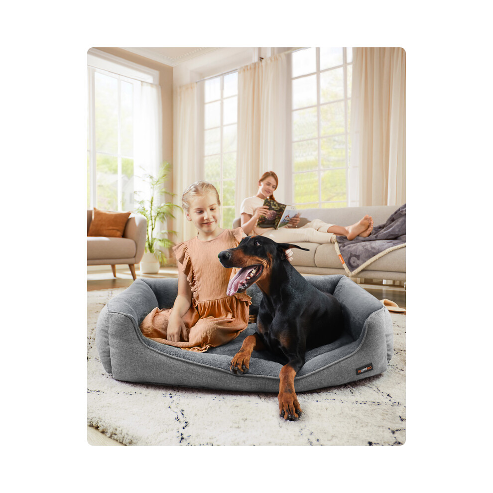 (GRIS) Panier pour chien Feandrea, panier aspect lin, canapé-lit pour chien avec bords surélevés, fond