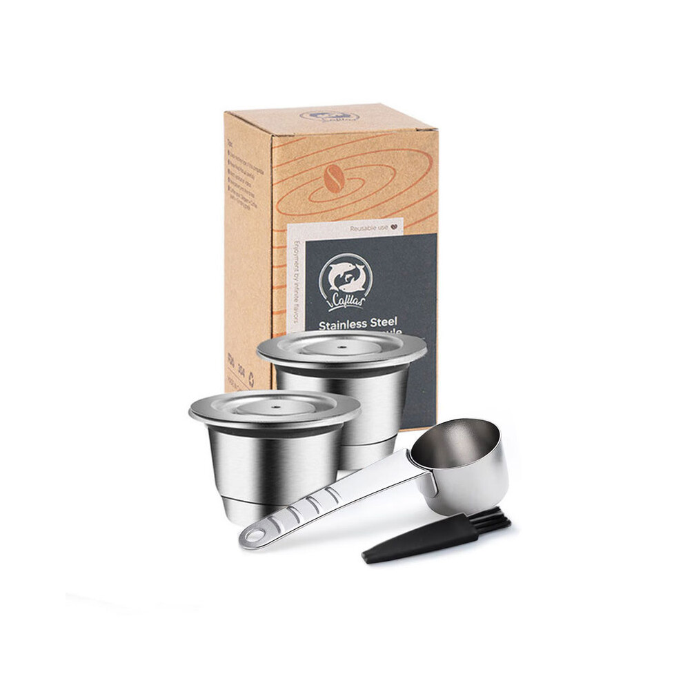 Capsule réutilisable en acier inoxydable pour Nespresso (2 capsules, 10 tasses et 10 couvercles en caoutchouc)