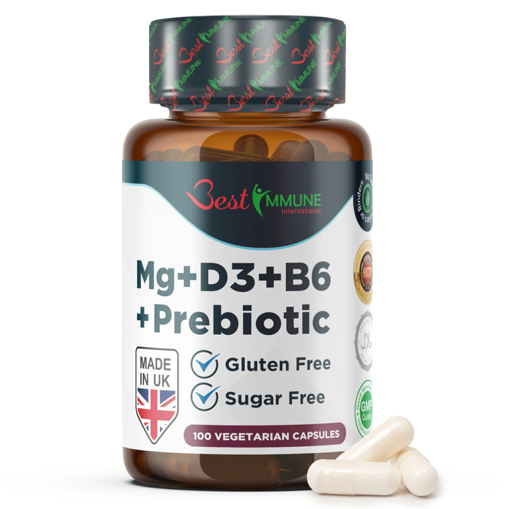 Immune Boost Magnesium Lactate Vitamins B6 & D3 and Inulin Prebiotic Complex Natural Product Ideal Strength Highest Bioavailability