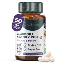 Vitamin K2 MK7 200 mcg D3 (Cholecalciferol) 4000 IE Bioaktive Synergie mit absolut nichts Künstlichem Premium Qualität 100 Kapseln Naturprodukt