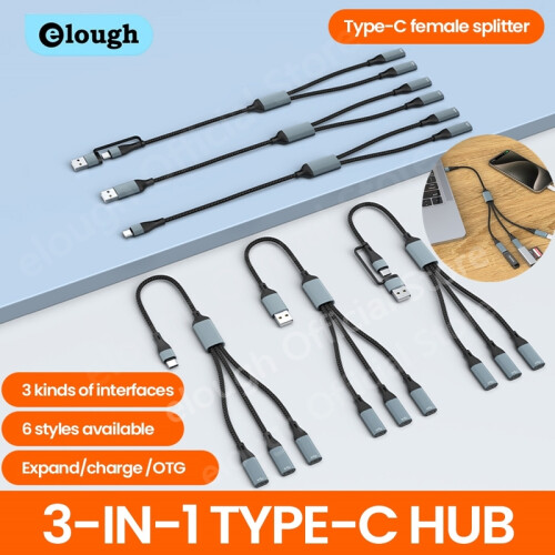 (2 σε 1 έως 2 τύπου c) Elough Type C HUB USB Splitter Connector OTG Adapter USB/USB C to Type 1