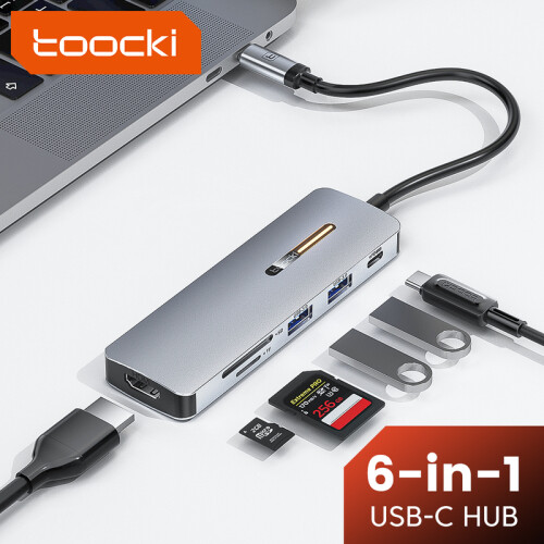 (6 σε 1 Typec Hub Grey) Προσαρμογέας Toocki USB HUB 4K HDMI USB C σε 5 Gbps USB3.0/ SD/TF 1