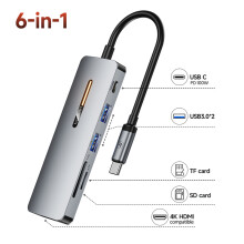 (6 σε 1 Typec Hub Grey) Προσαρμογέας Toocki USB HUB 4K HDMI USB C σε 5 Gbps USB3.0/ SD/TF