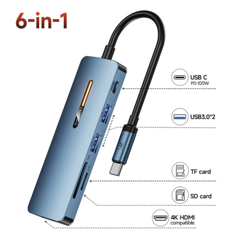 (6 σε 1 Typec Hub Blue) Προσαρμογέας Toocki USB HUB 4K HDMI USB C σε 5Gbps USB3.0/ SD/TF