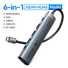 (6 w 1 HDMI RJ45) Koncentrator USB C Vention 4K60Hz typu C do HDMI RJ45 PD 100 W, kompatybilny z Macbookiem
