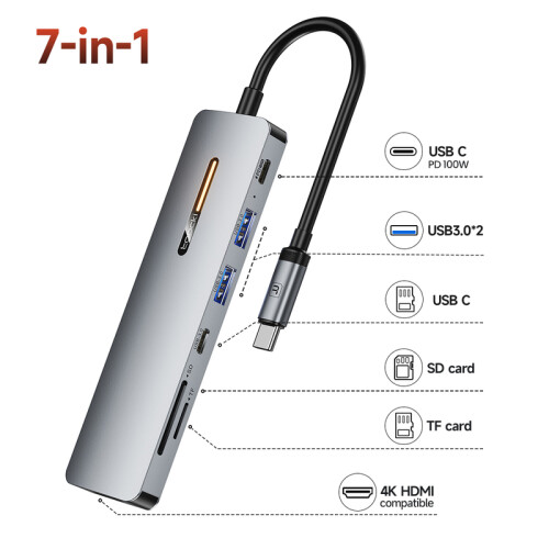 (7 σε 1 Typec Hub Grey) Προσαρμογέας Toocki USB HUB 4K HDMI USB C σε 5 Gbps USB3.0/ SD/TF