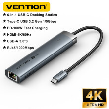 (6 w 1-HDMI-RJ45) Adapter Vention 6 w 1 Gen 1 USB C HUB USB 3.0 4K@60Hz typu C 3.1 do HDMI RJ45 Gigabit