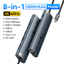 (8-i-1 HDMI 4K60Hz)Vention USB C HUB 4K 60Hz Typ C till HDMI RJ45 Ethernet PD 100W SD TF-kompatibel