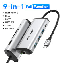 (9-i-1 fullfunktion)Vention USB C HUB Typ C till USB 3.0 Dockningsstation USB C HDMI RJ45 4K-kompatibel