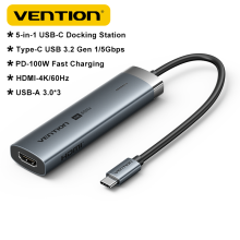 (5-IN-1-HDMI-4K60Hz)Vention 6-in-1 Gen 1 USB C HUB USB 3.0 Adapter 4K@60Hz Type C 3.1 to HDMI RJ45 Gigabit