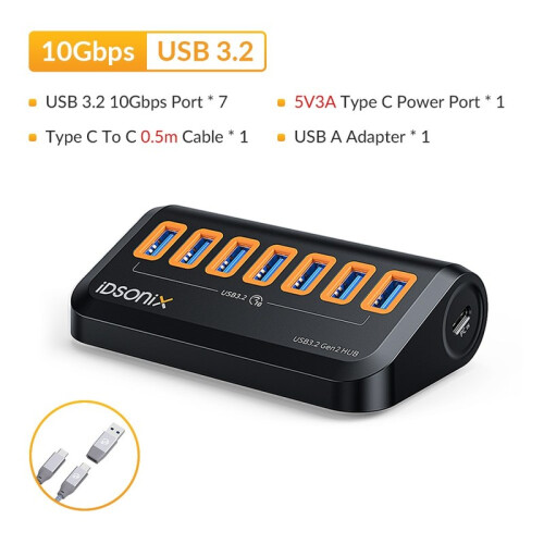 (10Gbps-02-0,5m)IDSONIX USB HUB 7 Θύρες Πολλαπλές υποδοχή USB3.2 HUB Τύπος C Σταθμός