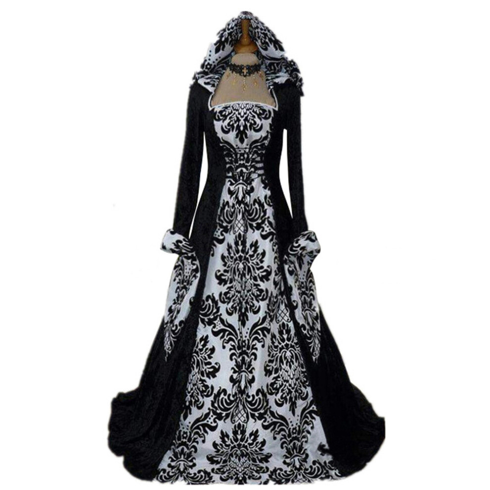 (White Flower, S) Long European Medieval Dress Retro Hooded Long Sleeved Gown Performances Stage-image-OPC-PGXKN7P-NEW