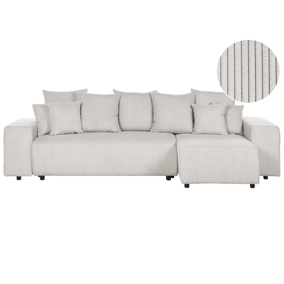 Corner Sofa Bed LUSPA Corduroy Light Beige with Storage 3 Seater Left Hand