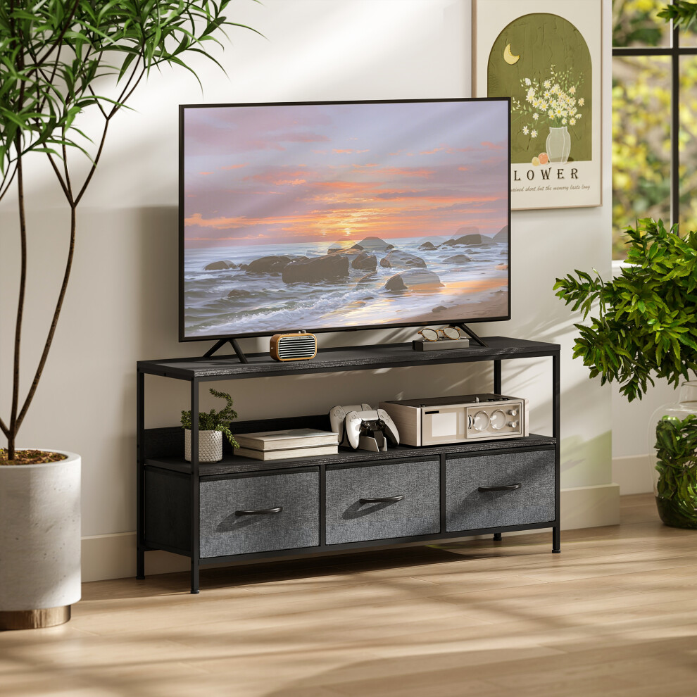 HOMCOM TV Cabinet, TV Console Unit with 3 Foldable Linen Drawers Black