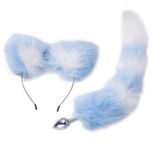 (White blue)Fluffy Rabbit Tail Butt Plug Cute For Cat Ear Headhoop Set For Cosplay Sm Adult