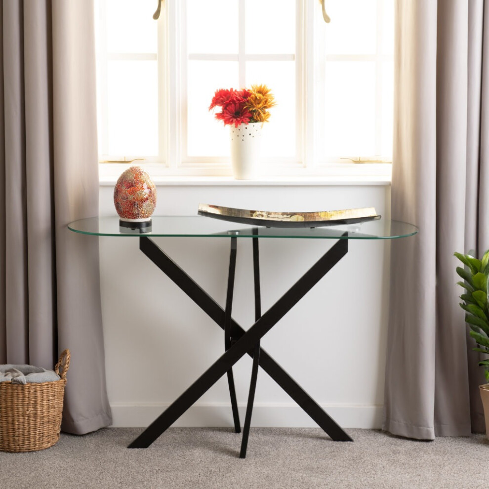 Sheldon Console Table Clear Glass Top with Stylish Black Wavy Legs