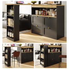 360° Swivelling Bar Table with 4 Drawers and Open Shelves, Black