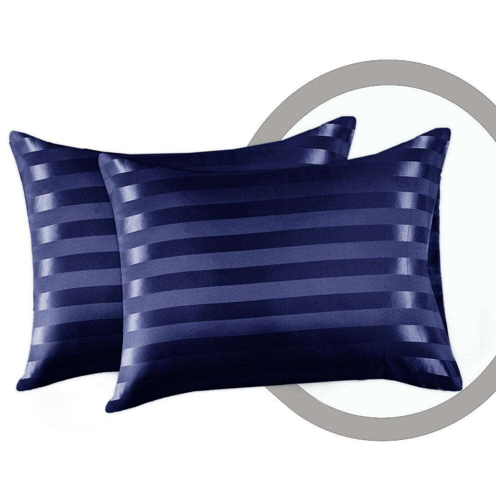 (Pack of 2, Navy Stripe) Pack of 2,4,6 Plain Stripe & Satin Silk Pillowcases Luxury Soft Hotel Quality Anti Allergic Pillow Covers