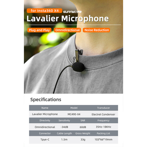 Lavalier Microphone for Insta360 X4 Sport Camera Recording Mic TypeC Interface 1