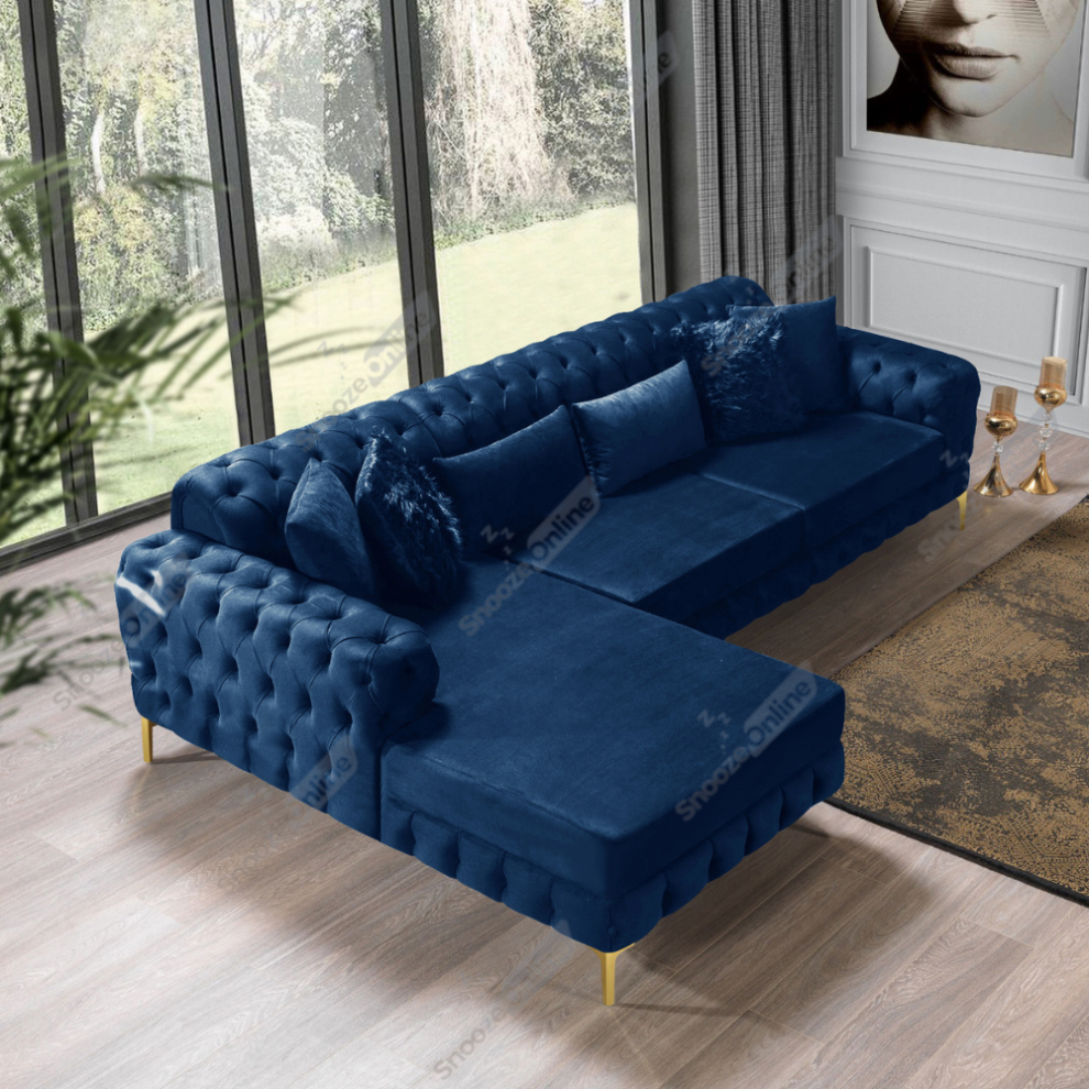 (Blue Velvet, Left Hand side) Luxury Chesterfeild Plush Velvet L Shaped Corner Sofa Deep Button Tufted Design Metal Legs Chaise Lounge-image-OPC-PGXMWQX-NEW