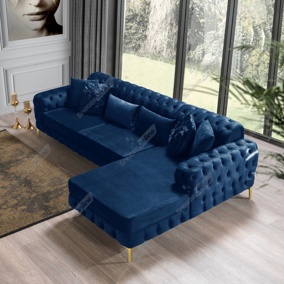 (Blue Velvet, 5 Seater (Right Hand side)) Luxury Chesterfeild 5 Seater Plush Velvet L Shaped Corner Sofa Deep Button Tufted Design with Elegant Gold Metal Legs Chaise Lounge Couch