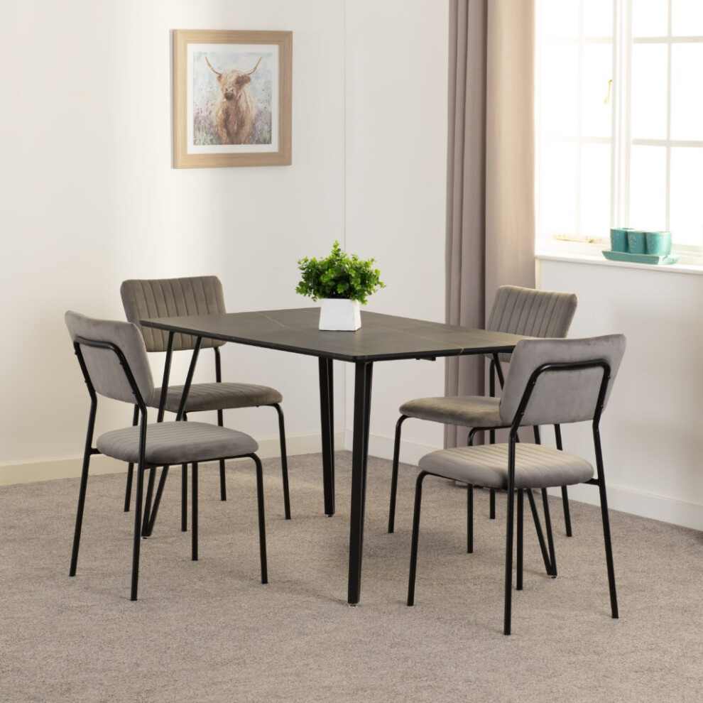 Sheldon Black Marble Effect Dining Set Table 4 Grey Velvet Chairs